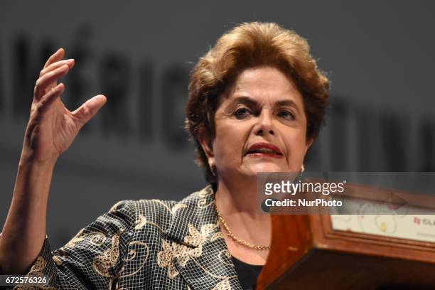 Former President of Brazil, Dilma Rousseff is seen speaking in her Conference 'The Future of Democracy in Latin America' during the Colloquium 'Latin...
