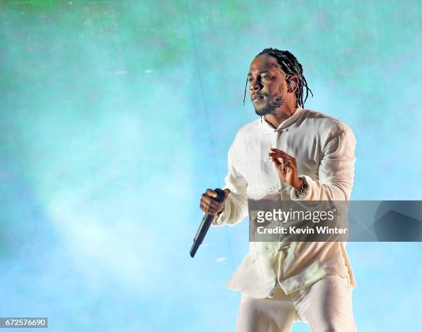 Kendrick Lamar performs on the Coachella Stage during day 3 of the Coachella Valley Music And Arts Festival on April 23, 2017 in Indio, California.