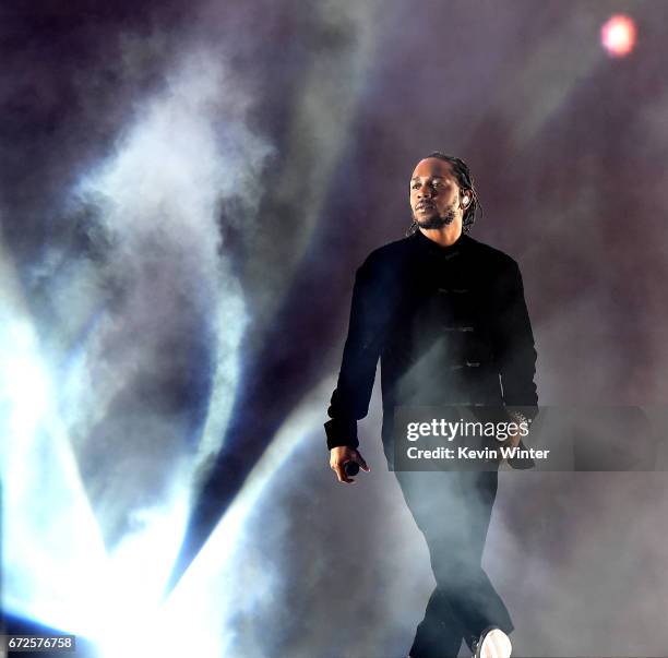 Kendrick Lamar performs on the Coachella Stage during day 3 of the Coachella Valley Music And Arts Festival on April 23, 2017 in Indio, California.