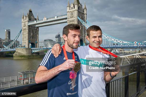 Matthew Rees and David Wyeth attend photocall at the end of London Marathon 2017, in London, on April 24, 2017.