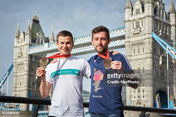 Matthew Rees and David Wyeth attend photocall at the end of London Marathon 2017, in London, on April 24, 2017.