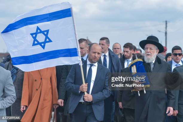 Israeli minister of Education Naftali Bennett and Rabbi Yisrael Meir Lau, the Chief Rabbi of Tel Aviv and Chairman of Yad Vashem, participating in...