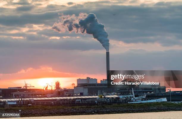 Smokestack at dusk in NDSM on April 19, 2017 in Amsterdam, Netherlands.