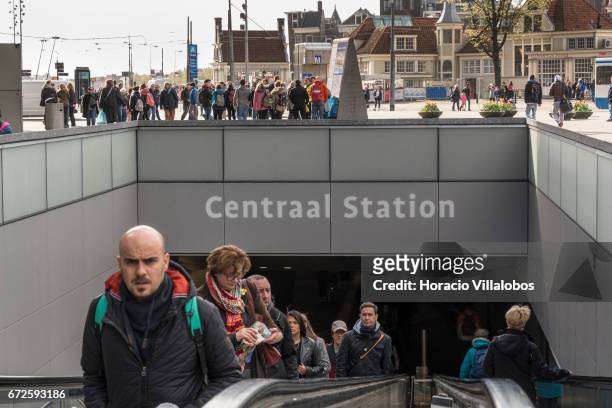 Metro entrance in Central Station on April 22, 2017 in Amsterdam, Netherlands. The city's Metro system was first introduced in 1977. It is a fast way...