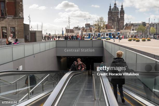 Metro entrance in Central Station on April 22, 2017 in Amsterdam, Netherlands. The city's Metro system was first introduced in 1977. It is a fast way...