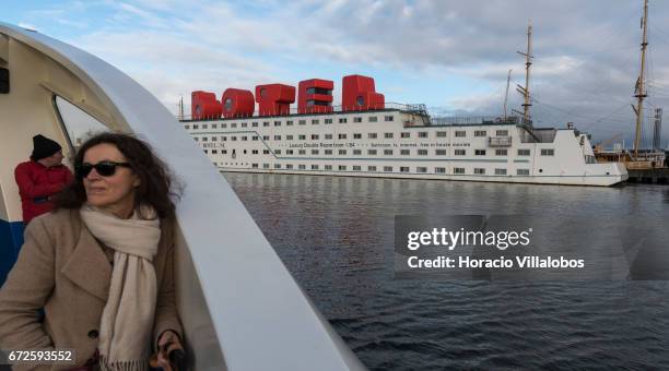 View of the Amstel Botel from the ferry sailing between NDSM Pier and Central Station on April 23, 2017 in Amsterdam, Netherlands. Amstel Botel is a...