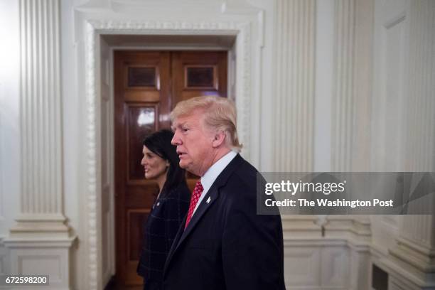 President Donald Trump and U.S. Ambassador to the UN Nikki Haley arrive for a working lunch with ambassadors of countries on the United Nations...
