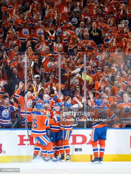 Darnell Nurse, Patrick Maroon, Connor McDavid, Matthew Benning and Leon Draisaitl of the Edmonton Oilers celebrate Maroon's goal against the San Jose...