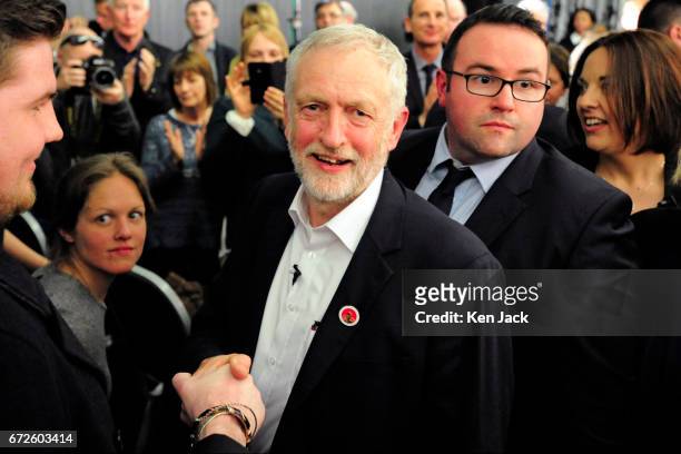 Labour leader Jeremy Corbyn makes his way through the audience as they give him a standing ovation following a general election campaign speech at a...