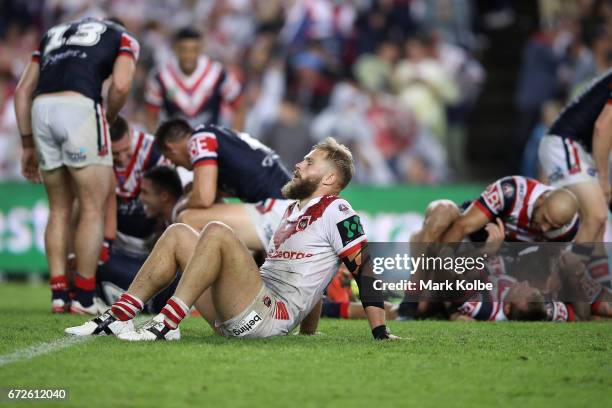 Jack de Belin of the Dragons looks dejected after defeat during the round eight NRL match between the Sydney Roosters and the St George Illawarra...