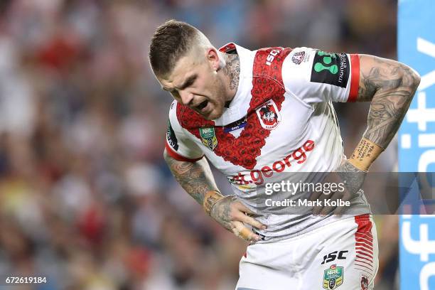 Josh Dugan of the Dragons shows his frustration after kicking the ball out on the full from a line drop out during the round eight NRL match between...