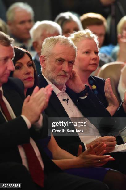 Labour leader Jeremy Corbyn sits in the audience before making a general election campaign speech at a Labour Party event on April 24, 2017 in...