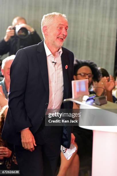 Labour leader Jeremy Corbyn makes his way to the podium to give a general election campaign speech at a Labour Party event on April 24, 2017 in...