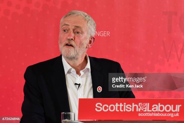 Labour leader Jeremy Corbyn makes a general election campaign speech at a Labour Party event on April 24, 2017 in Dunfermline, Scotland.
