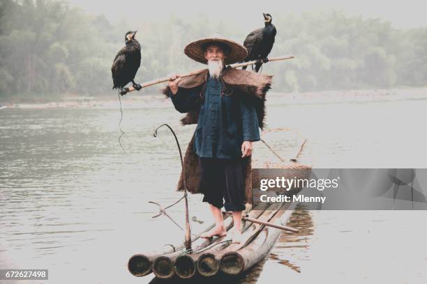 senior chinese fisherman returns home with cormorants li river china - yangshuo imagens e fotografias de stock