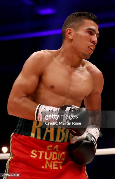 Mohammed Rabii of Morocco in action against Jean Pierre Habimana of Belgium during their super welterweight fight at Messehalle Erfurt on April 22,...