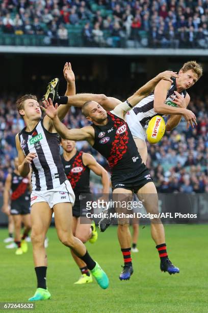 Will Hoskin Elliott competes for the ball over David Zaharakis of the Bombers during the round five AFL match between the Essendon Bombers and the...