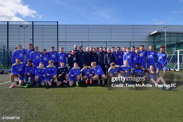 April 25: David Unsworth and his Premier League 2 winning Everton U23 squad poses for a photo at USM Finch Farm on April 25, 2017 in Halewood,...