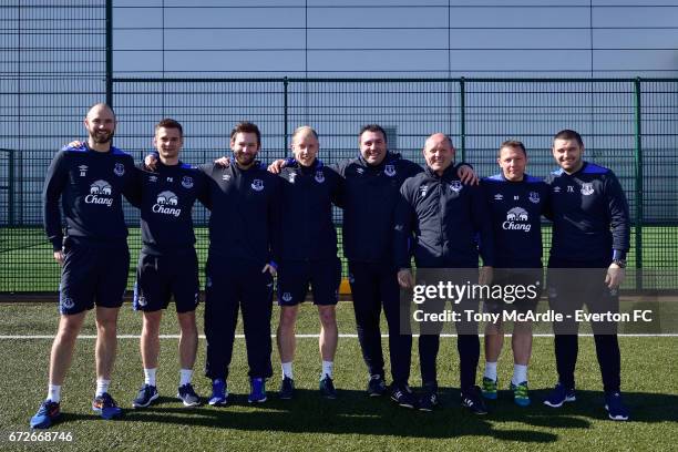 April 25: David Unsworth and his Premier League 2 winning Everton U23 coaching team pose for a photo at USM Finch Farm on April 25, 2017 in Halewood,...