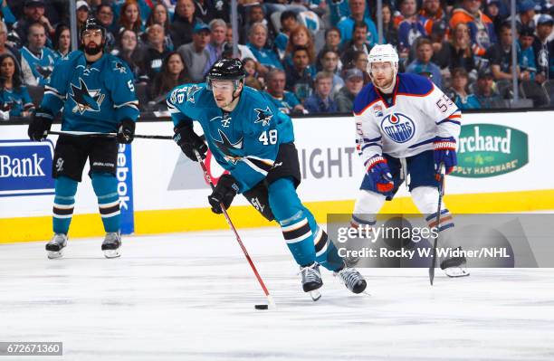 Tomas Hertl of the San Jose Sharks skates with the puck againt the Edmonton Oilers in Game Six of the Western Conference First Round during the 2017...
