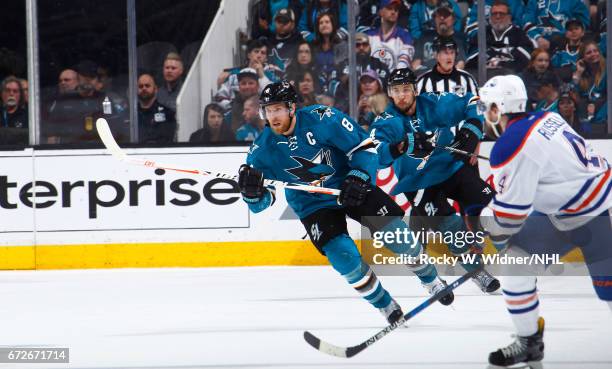 Joe Pavelski of the San Jose Sharks skates againt the Edmonton Oilers in Game Six of the Western Conference First Round during the 2017 NHL Stanley...