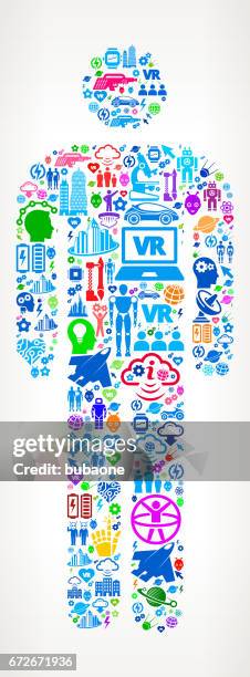 single sticke figure future and futuristic technology vector icon background - engineer computer man stock illustrations
