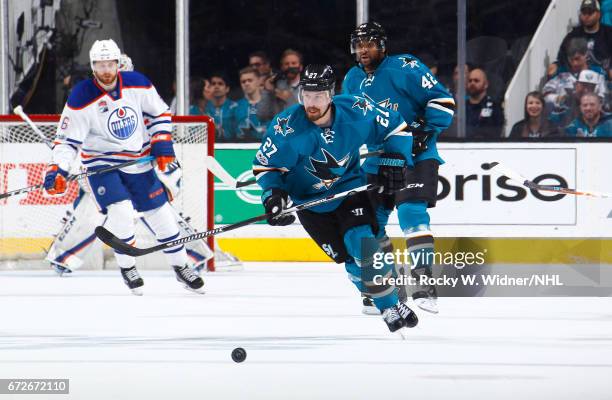 Joonas Donskoi of the San Jose Sharks skates after the puck againt the Edmonton Oilers in Game Six of the Western Conference First Round during the...