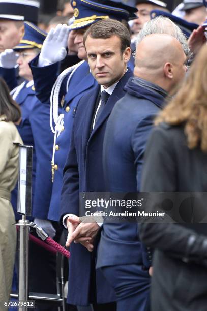 French Presidential Election candidate Emmanuel Macron attends the National tribute to fallen French Policeman Xavier Jugele on April 25, 2017 in...
