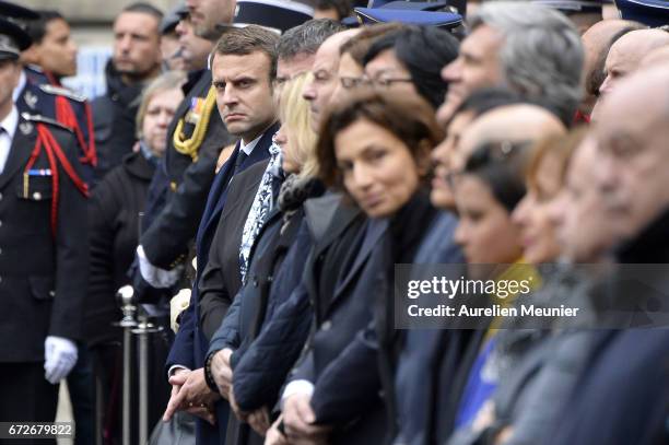 French Presidential Election candidate Emmanuel Macron attends the National tribute to fallen French Policeman Xavier Jugele on April 25, 2017 in...