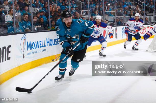 Joonas Donskoi of the San Jose Sharks skates with the puck againt the Edmonton Oilers in Game Six of the Western Conference First Round during the...