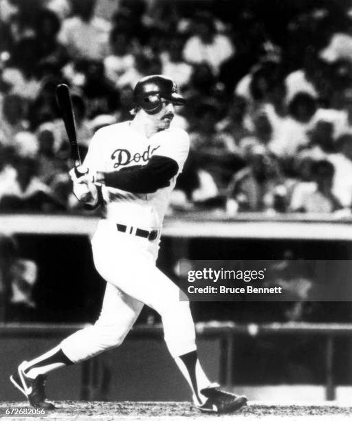 Kirk Gibson of the Los Angeles Dodgers swings at a pitch during an MLB game circa 1988 at Dodger Stadium in Los Angeles, California.