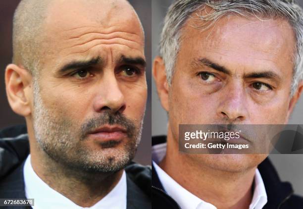 In this composite image a comparision has been made between Josep Guardiola, Manager of Manchester City and Jose Mourinho manager of Manchester...