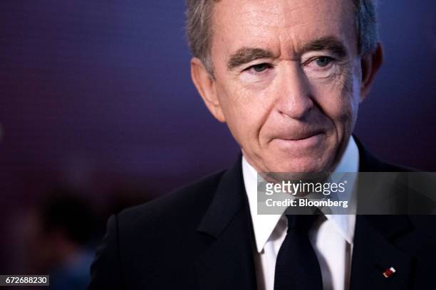 Bernard Arnault, billionaire and chief executive officer of LVMH Moet Hennessy Louis Vuitton SE, looks on following a news conference in Paris,...
