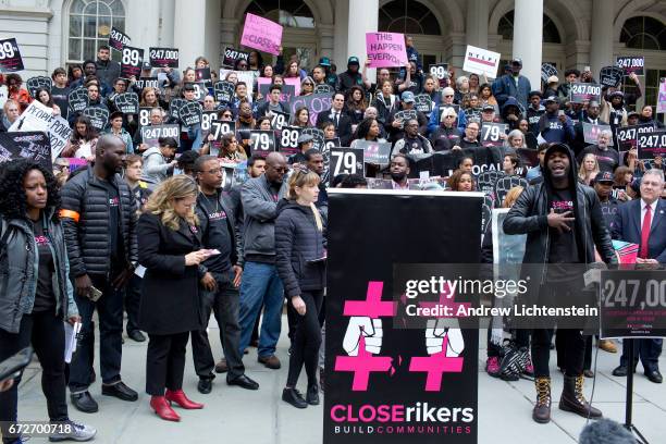 Criminal justice reform activists hold a rally on the steps of City Hall to demand that Mayor Bill DeBlasio speed up his plan to close Rikers Island...