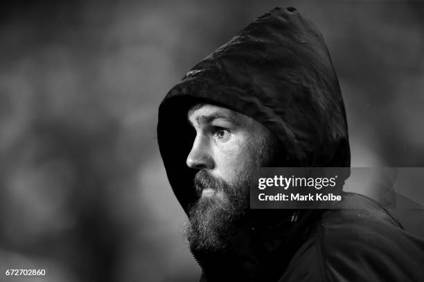 Jack de Belin of the Dragons watches on from the bench during the round eight NRL match between the Sydney Roosters and the St George Illawarra...