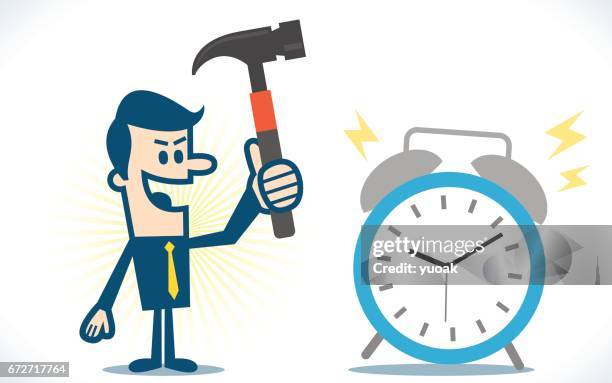 man trying to destroy alarm clock by hammer - man checking watch stock illustrations
