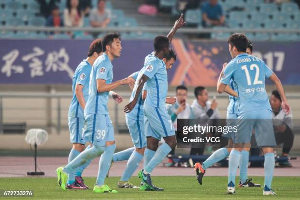 Ramires of Jiangsu Suning celebrates after a goal during 2017 AFC Champions League group match between Jiangsu Suning F.C. And Jeju United F.C. At...