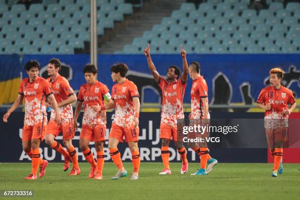 Magno Cruz of Jeju United celebrates during 2017 AFC Champions League group match between Jiangsu Suning F.C. And Jeju United F.C. At Nanjing Olympic...