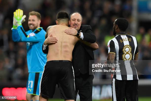 Newcastle manager Rafa Benitez congratulates Aleksandar Mitrovic after the Sky Bet Championship match between Newcastle United and Preston North End...