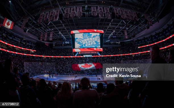 General view of the Canadian flag during pre-game ceremonies in Game Six of the Eastern Conference First Round during the 2017 NHL Stanley Cup...