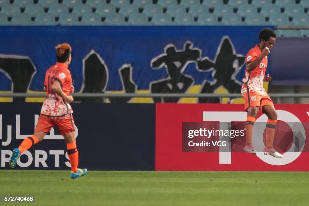 Magno Cruz of Jeju United celebrates after a goal during 2017 AFC Champions League group match between Jiangsu Suning F.C. And Jeju United F.C. At...