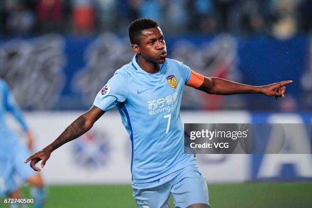 Ramires of Jiangsu Suning celebrates after a goal during 2017 AFC Champions League group match between Jiangsu Suning F.C. And Jeju United F.C. At...