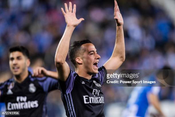 Lucas Vazquez of Real Madrid celebrates during their La Liga match between Deportivo Leganes and Real Madrid at the Estadio Municipal Butarque on 05...