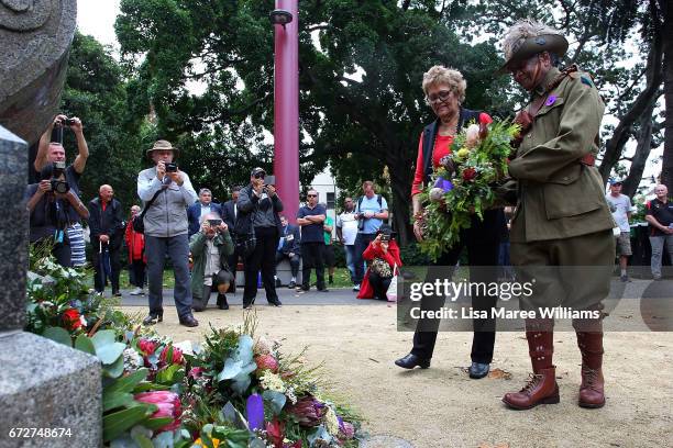 Pastor Ray Minniecon lays a wreath during a ANZAC service at the Redfern Cenotaph on April 25, 2017 in Sydney, Australia. The annual ANZAC coloured...