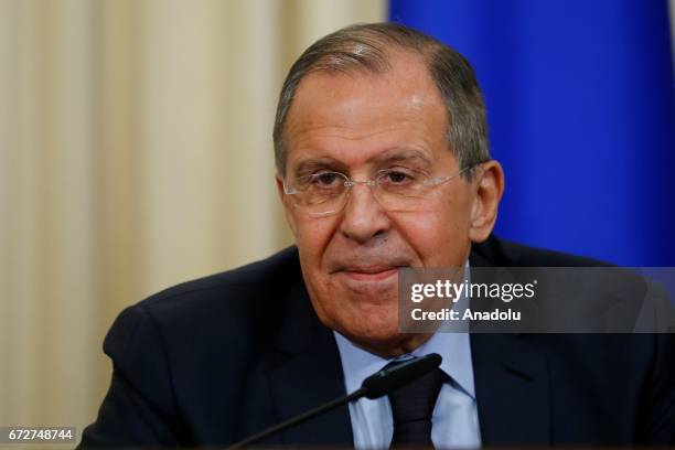 Russian Foreign Minister Sergei Lavrov attends a joint press conference with OSCE Secretary-General Lamberto Zannier after their meeting at the guest...