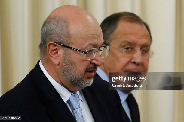 Russian Foreign Minister Sergei Lavrov and OSCE Secretary-General Lamberto Zannier attend a joint press conference after their meeting at the guest...