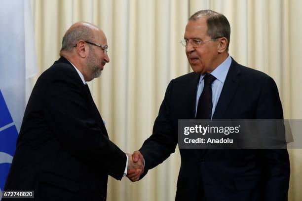 Russian Foreign Minister Sergei Lavrov and OSCE Secretary-General Lamberto Zannier attend a joint press conference after their meeting at the guest...