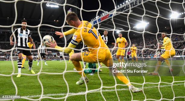 Paul Gallagher of Preston handles the ball on the line and is sent off during the Sky Bet Championship match between Newcastle United and Preston...