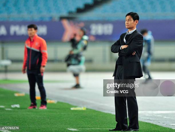 Head coach Choi Yong-soo of Jiangsu Suning reacts during 2017 AFC Champions League group match between Jiangsu Suning F.C. And Jeju United F.C. At...