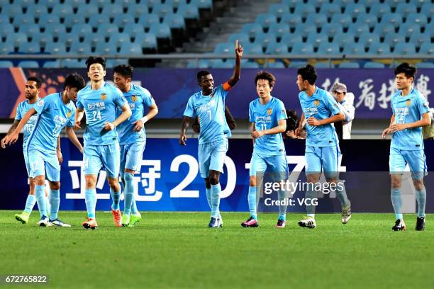 Players of Jiangsu Suning celebrate during 2017 AFC Champions League group match between Jiangsu Suning F.C. And Jeju United F.C. At Nanjing Olympic...